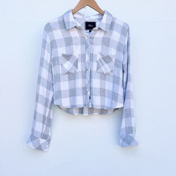 Rails Rain Gray White Cropped Short Flannel Button Up Shirt Medium Rayon - Picture 2 of 11